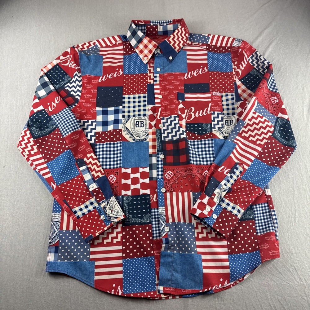 RSVLTS Budweiser Beer Shirt Men L Red White Blue Patchwork Long Sleeve Button Up
